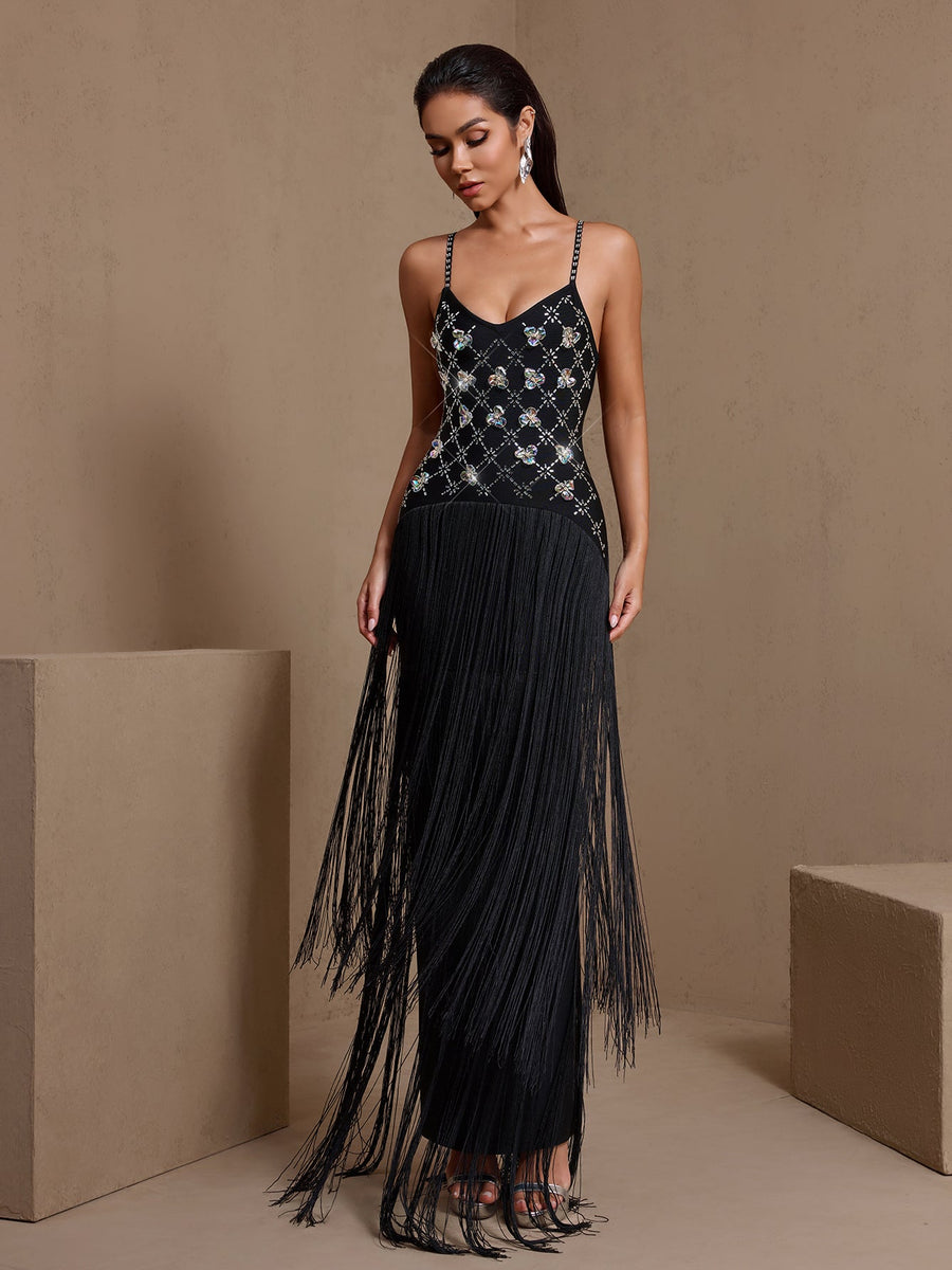 Strassgitter-Bandagenkleid mit Quasten