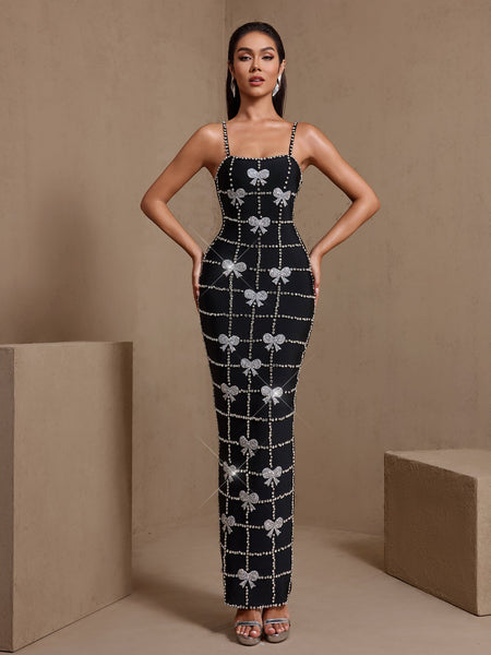 Bowknot Crystal Grid Bandage Maxi Dress
