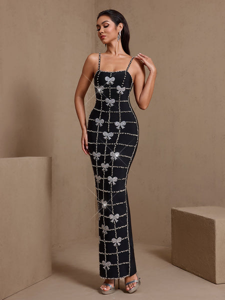 Bowknot Crystal Grid Bandage Maxi Dress