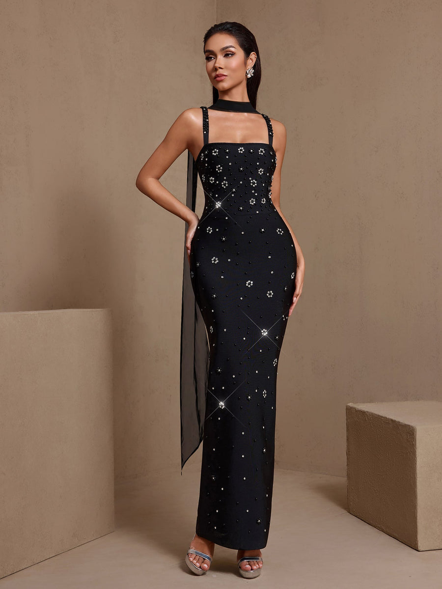 Evangeline Moreau — Strappy Crystal Embellished Bandage Maxi Dress