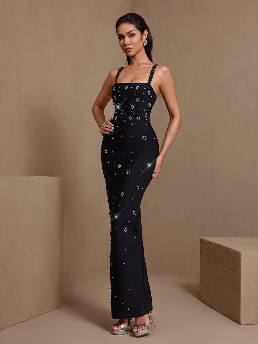 Trägerloses, kristallverziertes Bandage-Maxikleid