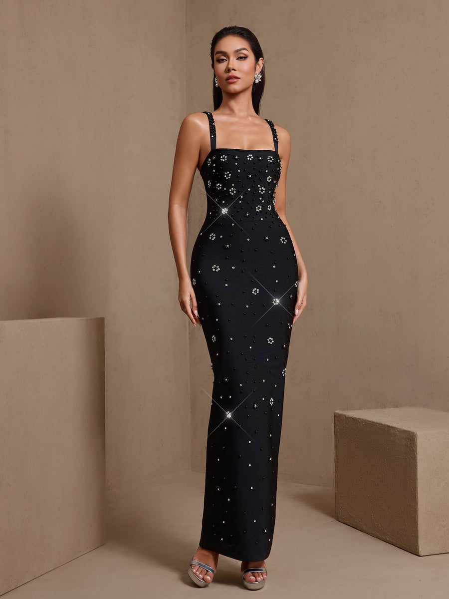 Trägerloses, kristallverziertes Bandage-Maxikleid