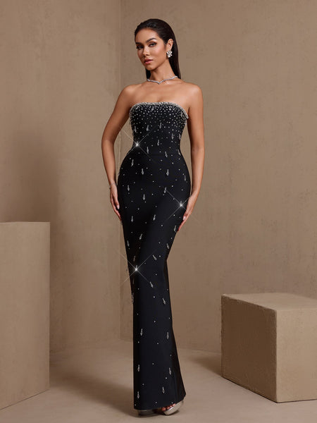 Sparkly Crystal Strapless Bandage Maxi Dress