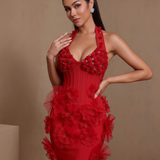 Amorette Célestin — Halter 3D Flowers Pom-Pom Bandage Mini Dress, alternate view 3