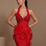 Amorette Célestin — Halter 3D Flowers Pom-Pom Bandage Mini Dress, alternate view 4
