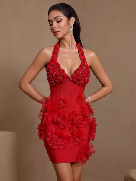 Amorette Célestin — Halter 3D Flowers Pom-Pom Bandage Mini Dress, alternate view 4