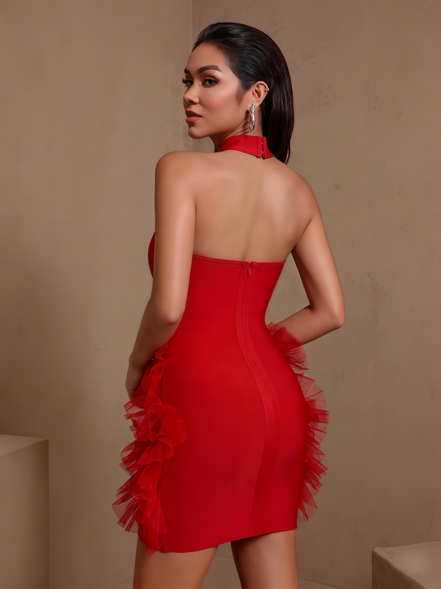 Amorette Célestin — Halter 3D Flowers Pom-Pom Bandage Mini Dress, alternate view 2