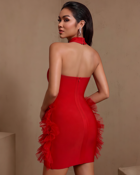 Amorette Célestin — Halter 3D Flowers Pom-Pom Bandage Mini Dress, alternate view 2