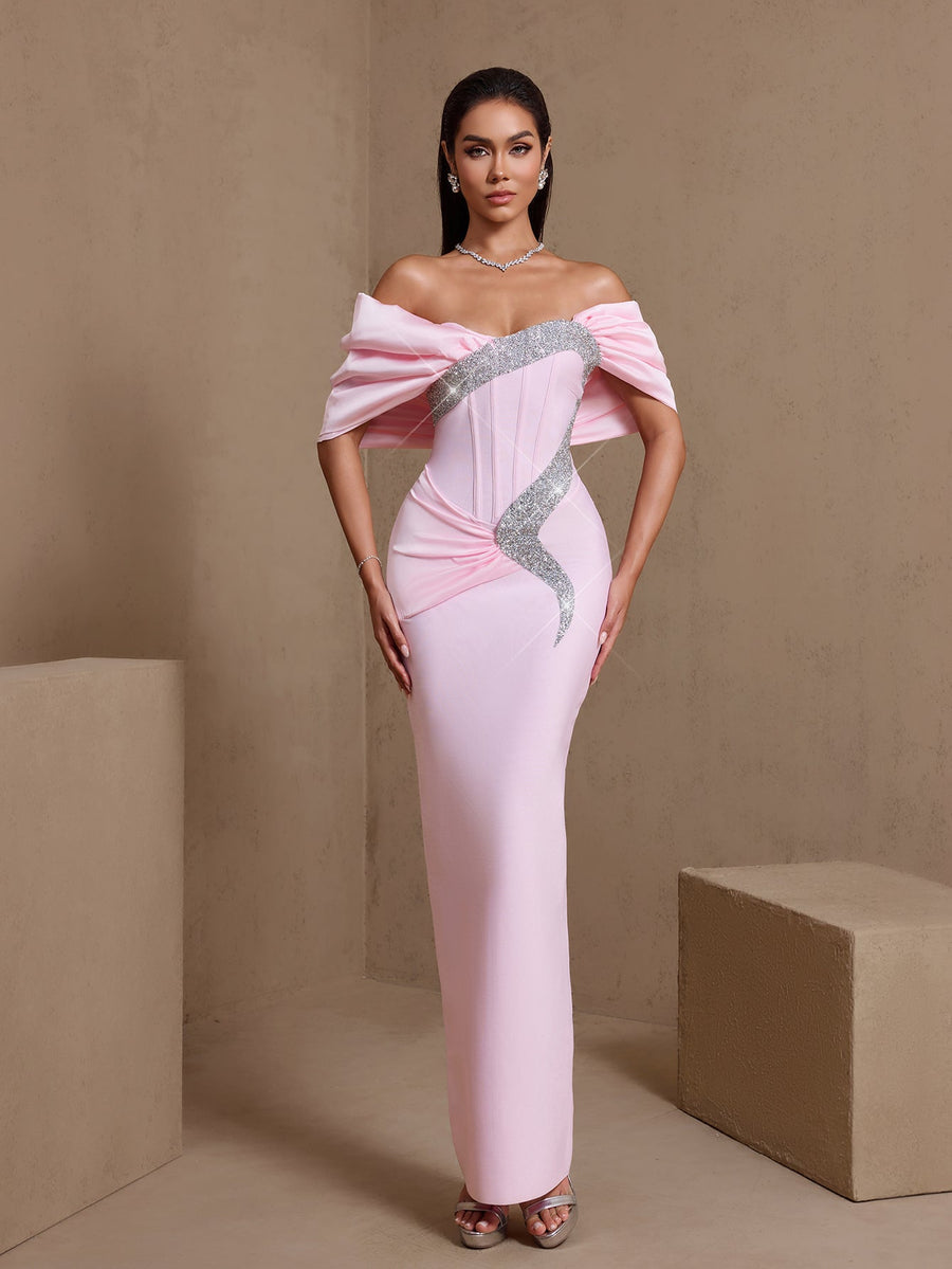 Ophelia Moreau — Off Shoulder Rhinestone Ruched Bandage Dress