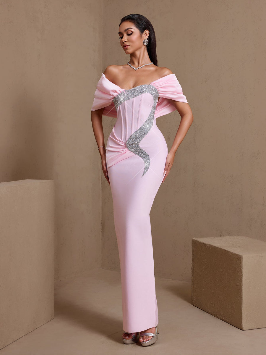 Off-Shoulder Strass gerafftes Bandagenkleid
