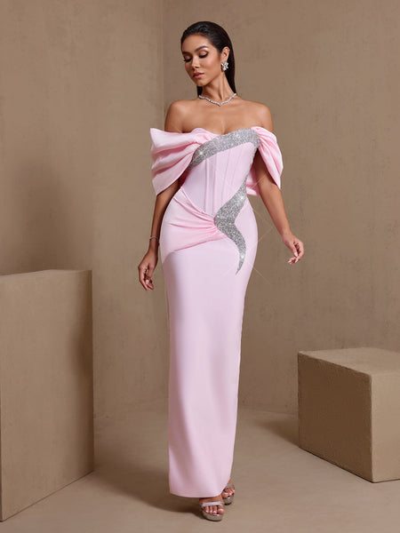 Off-Shoulder Strass gerafftes Bandagenkleid