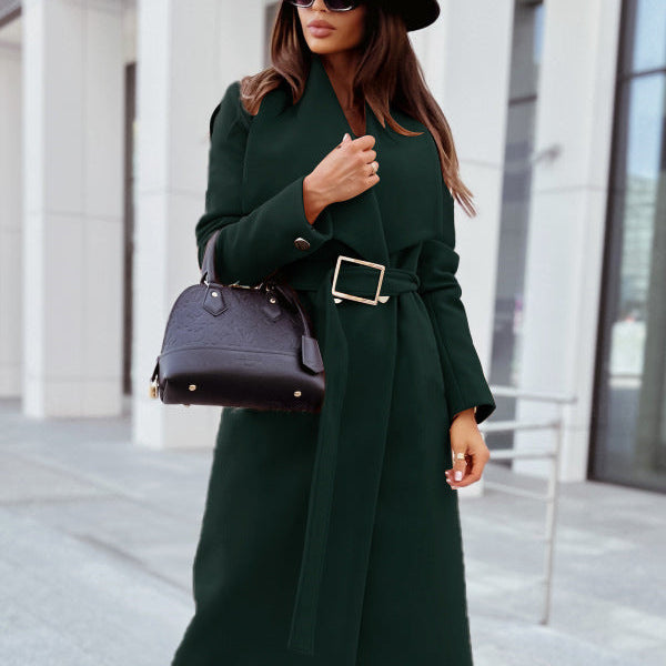 Women's long-sleeved buttoned V-neck strappy woolen coat