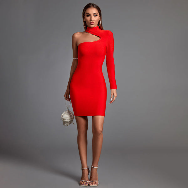 High Neck Asymmetrical Mini Bandage Dress