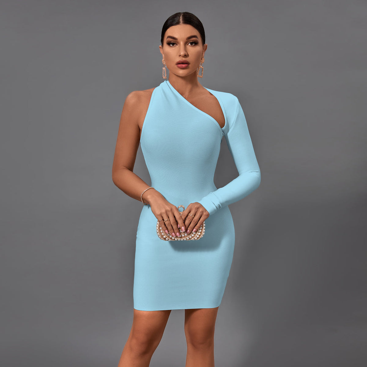 Zinnia Beaumont — Stunning Asymmetrical Mini Bandage Dress with Halter One Sleeve Design, alternate view 6