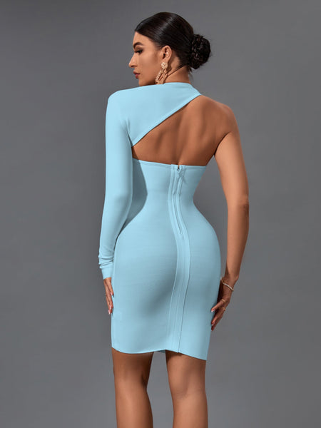 Stunning Asymmetrical Mini Bandage Dress with Halter One Sleeve Design