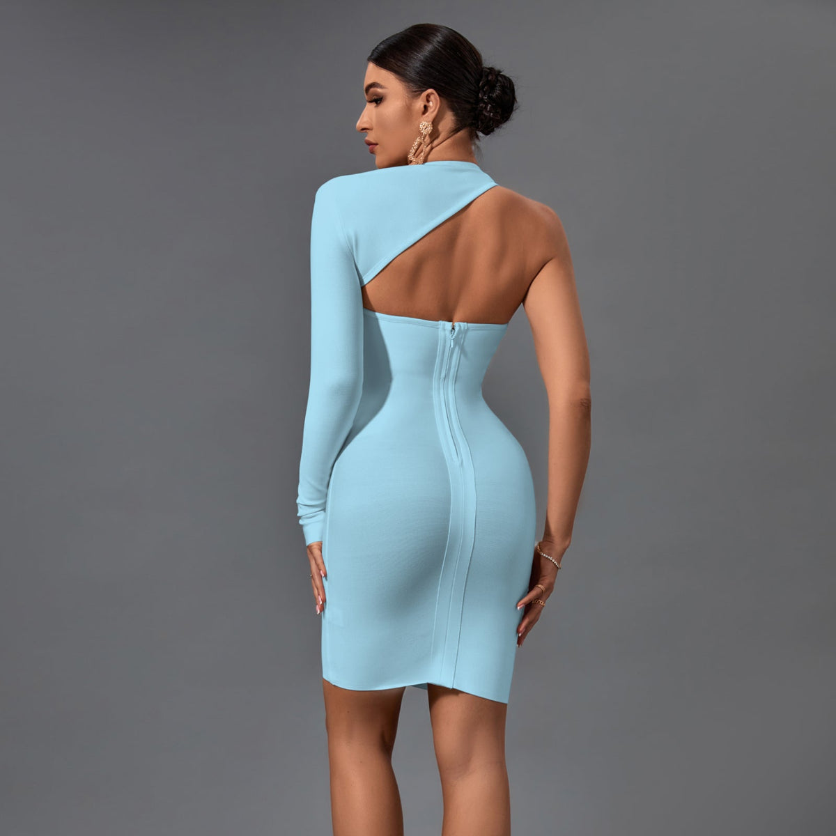 Zinnia Beaumont — Stunning Asymmetrical Mini Bandage Dress with Halter One Sleeve Design, alternate view 4