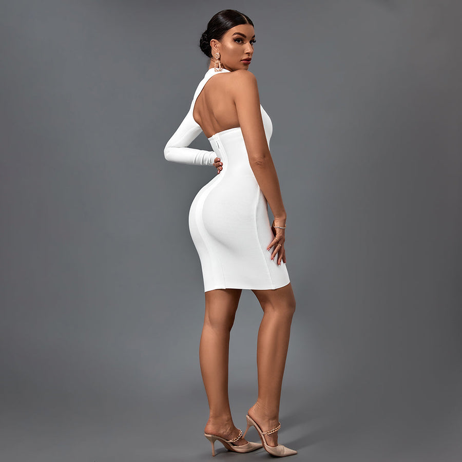 Stunning Asymmetrical Mini Bandage Dress with Halter One Sleeve Design