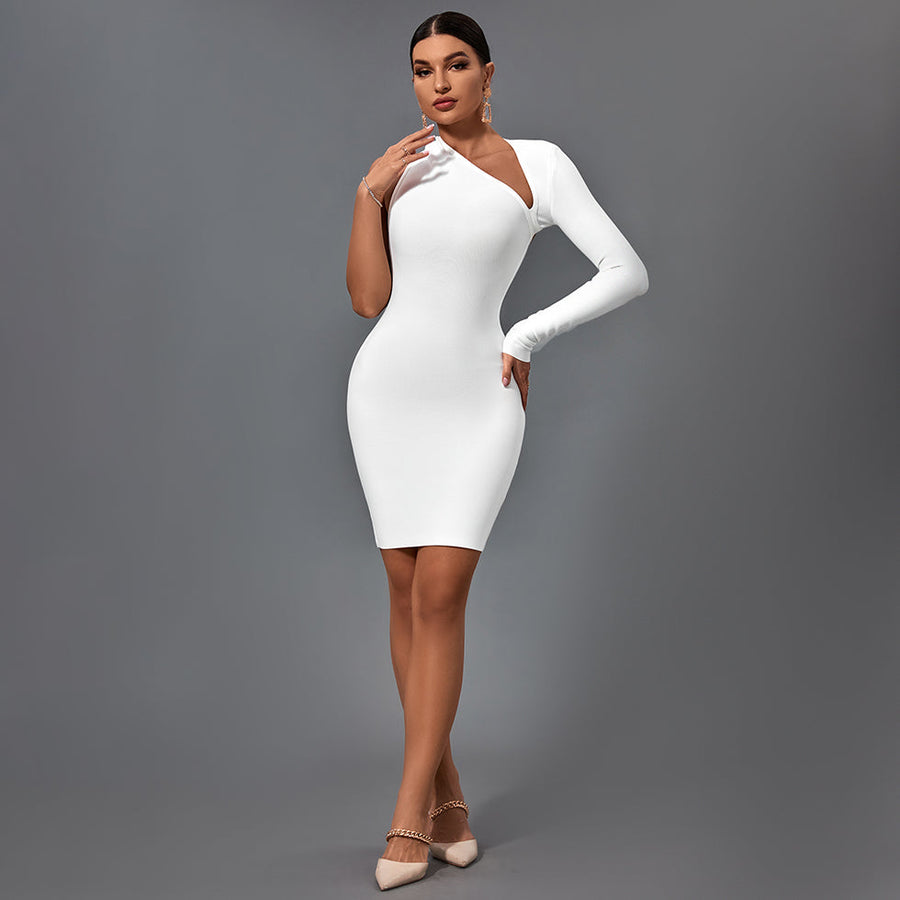 Stunning Asymmetrical Mini Bandage Dress with Halter One Sleeve Design