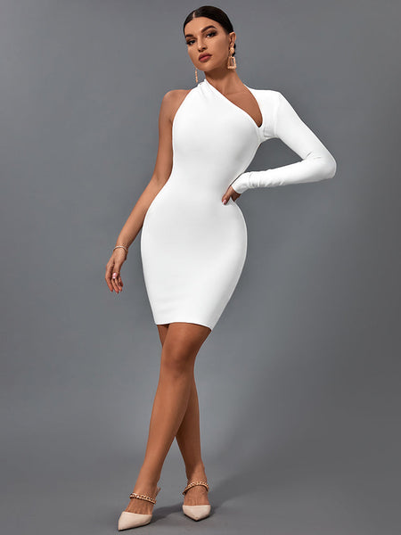 Stunning Asymmetrical Mini Bandage Dress with Halter One Sleeve Design