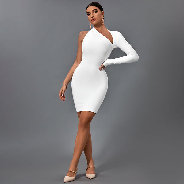 Stunning Asymmetrical Mini Bandage Dress with Halter One Sleeve Design