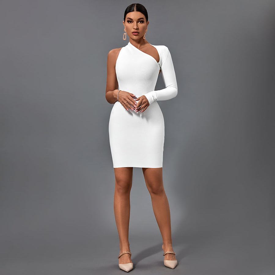 Stunning Asymmetrical Mini Bandage Dress with Halter One Sleeve Design