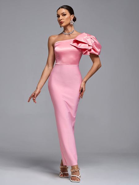 Long Satin One-Shoulder Bandage Evening Gown for an Elegant and Sophisticated Look