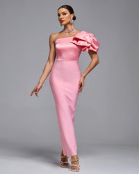 Claudette Delacroix — Long Satin One-Shoulder Bandage Evening Gown