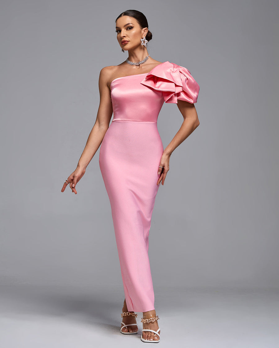 Claudette Delacroix — Long Satin One-Shoulder Bandage Evening Gown