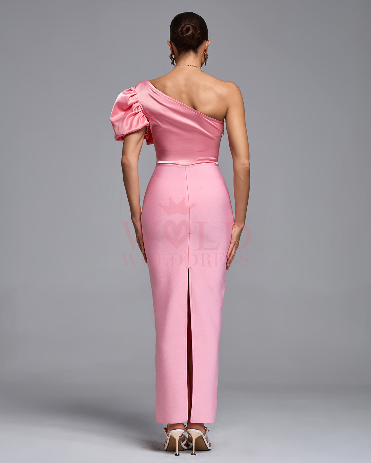 Claudette Delacroix — Long Satin One-Shoulder Bandage Evening Gown, alternate view 4