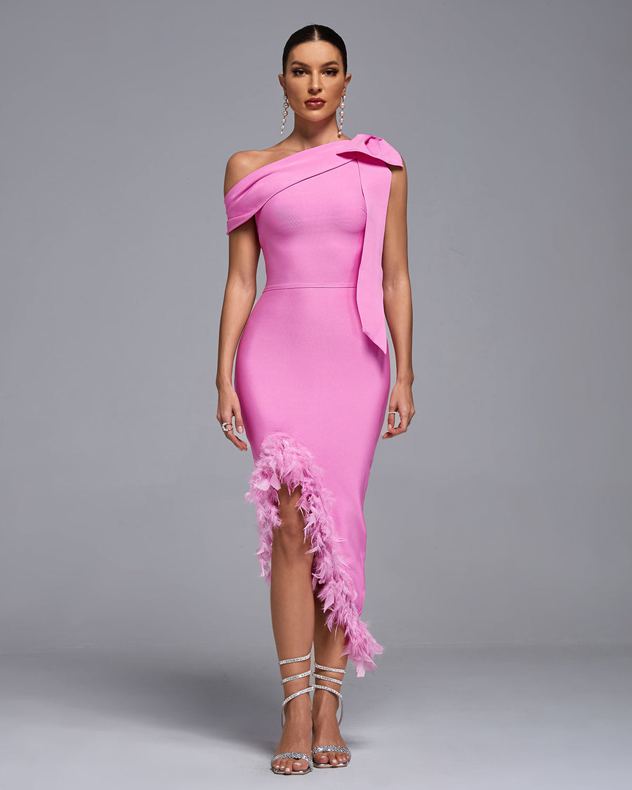 Henrietta — One Shoulder Feather Trim Bandage Dress