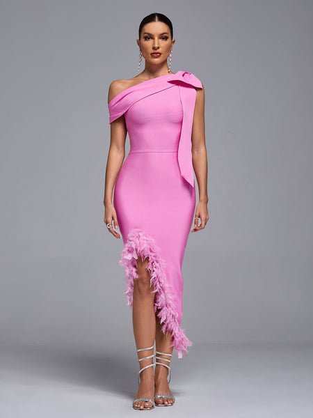 One Shoulder Feather Trim Bandage Dress - Opulent Empire