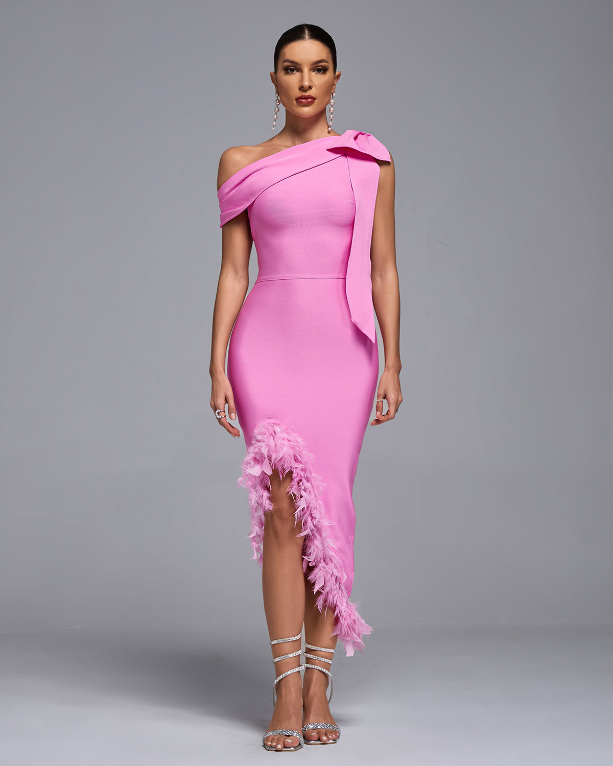 Henrietta — One Shoulder Feather Trim Bandage Dress, alternate view 6