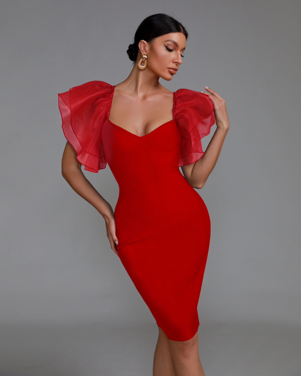 Klara Beaumont — Chic Puff Sleeve Tulle Bandage Midi Dress, alternate view 7