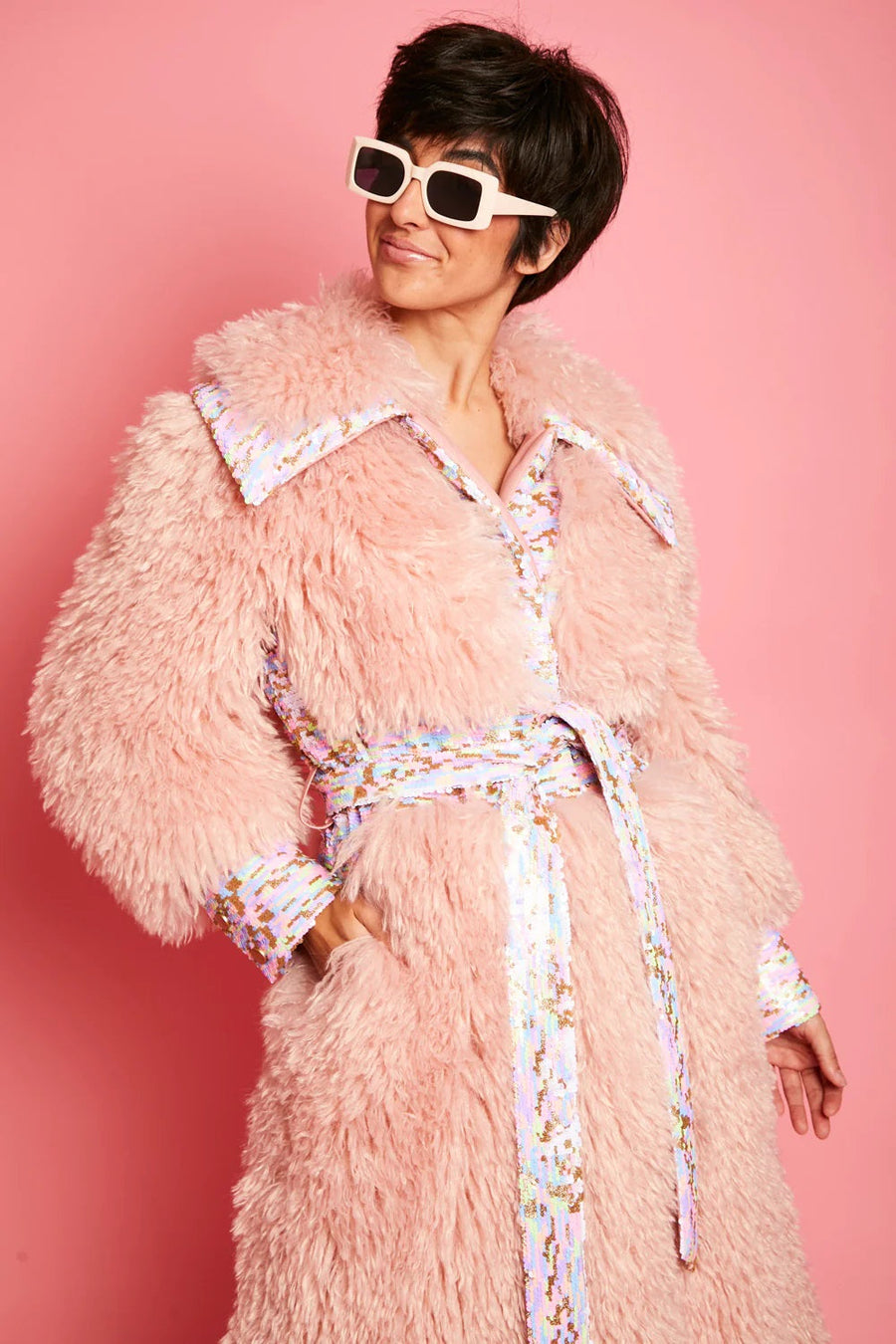 Sabina Beaumont — Pink Knitted Bamboo Eco Leather Shearling Coat, alternate view 2