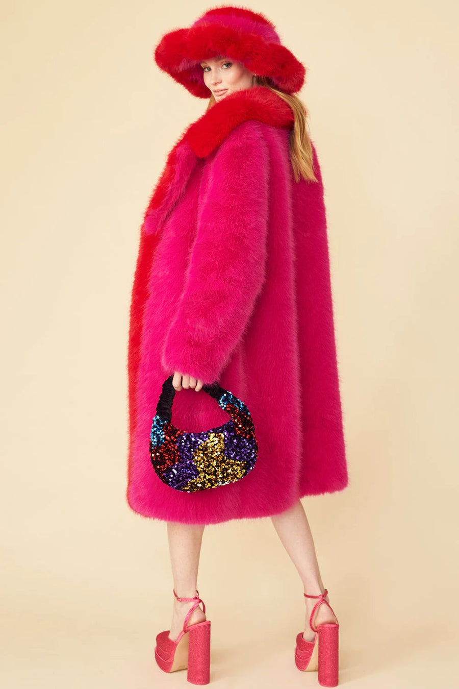 Laetitia — Pink Knitted Bamboo Faux Fur Maxi Coat