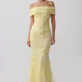 Calista Morel — Off Shoulder Ribbon Floral Embroidery Mermaid Dress