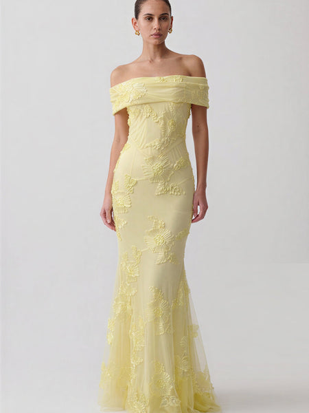 Calista Morel — Off Shoulder Ribbon Floral Embroidery Mermaid Dress