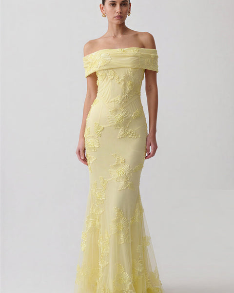 Calista Morel — Off Shoulder Ribbon Floral Embroidery Mermaid Dress