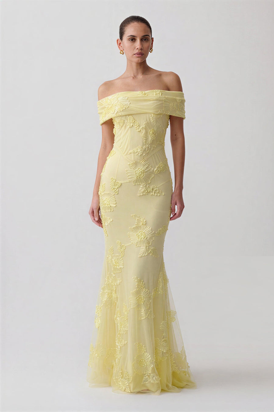 Robe Sirène Broderies Florales à Rubans et Épaules Dénudées