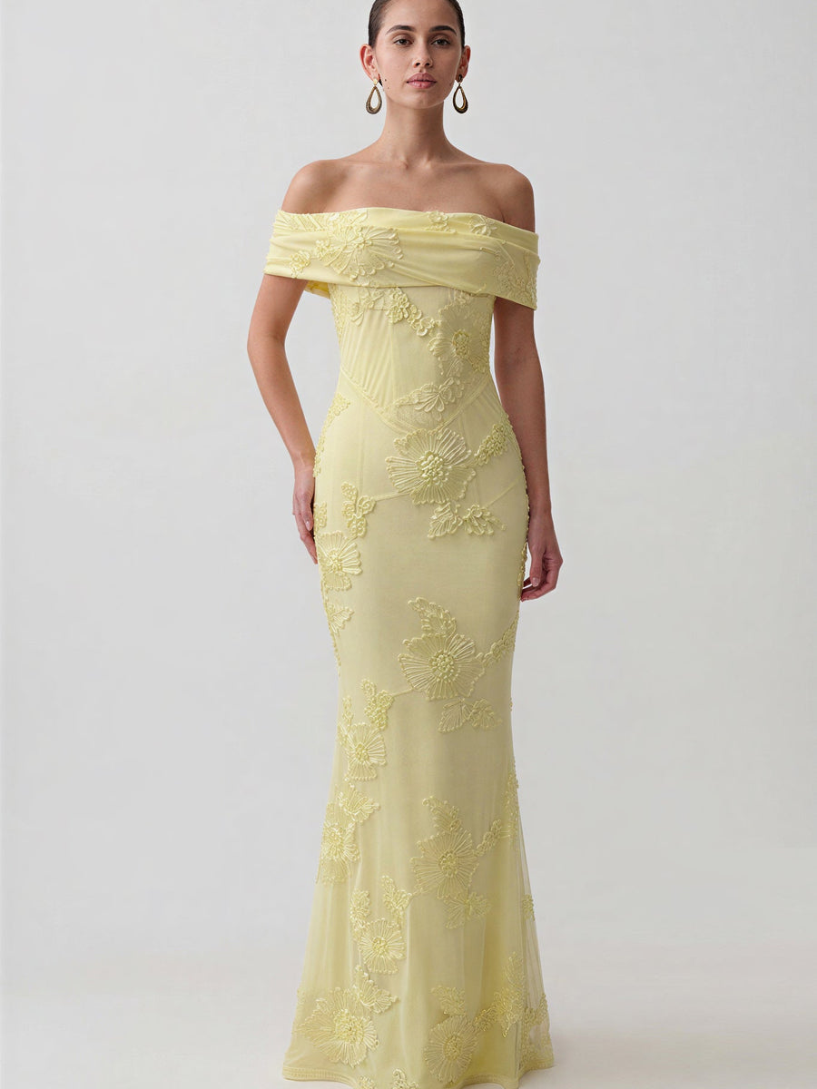 Off Shoulder Ribbon Floral Embroidery Mermaid Dress