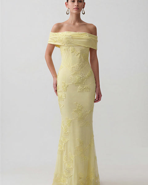 Off Shoulder Ribbon Floral Embroidery Mermaid Dress