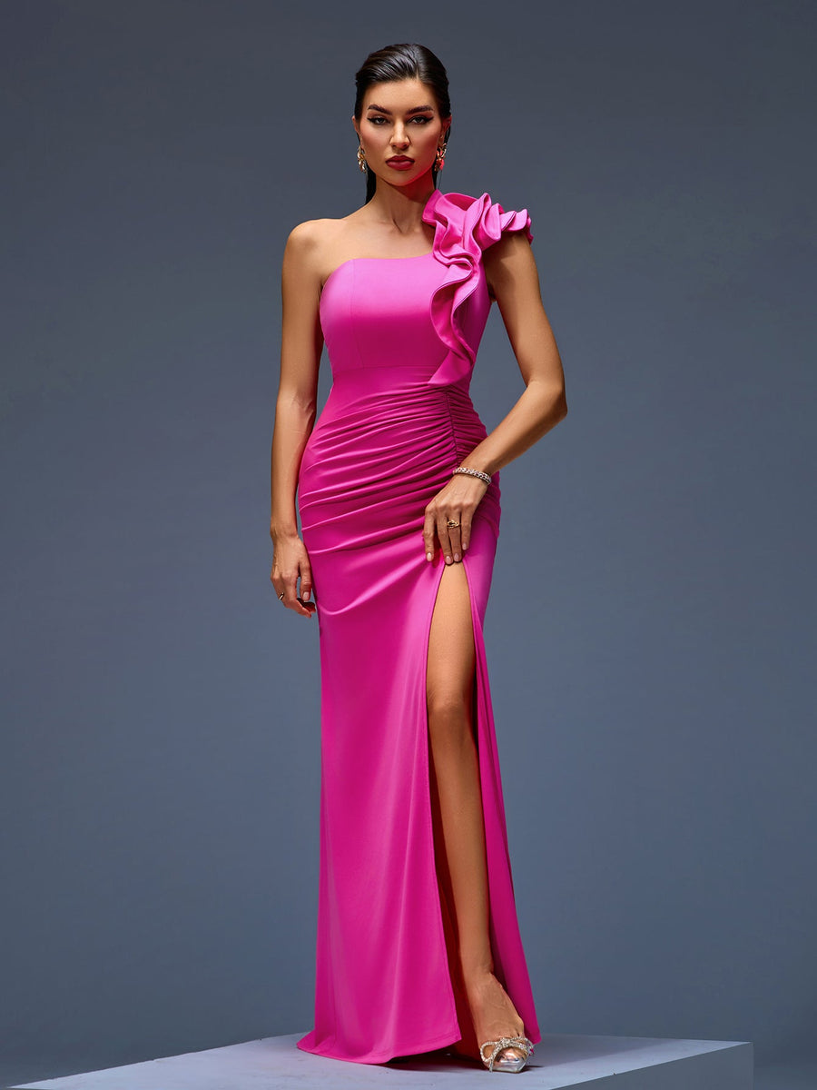 Elegant One-Shoulder Ruffled Crepe Maxi Dress Perfect for Special Occasions