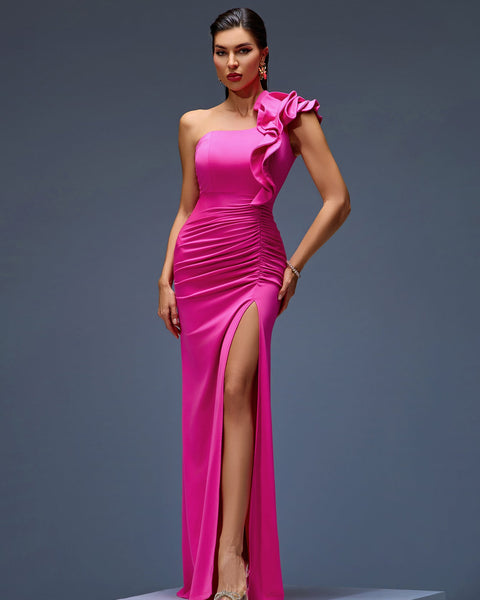 Elegant One-Shoulder Ruffled Crepe Maxi Dress Perfect for Special Occasions