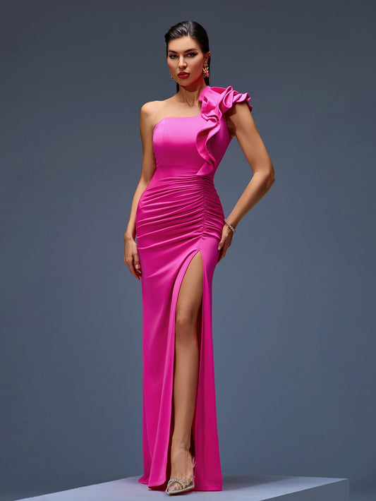 Elegant One-Shoulder Ruffled Crepe Maxi Dress Perfect for Special Occasions