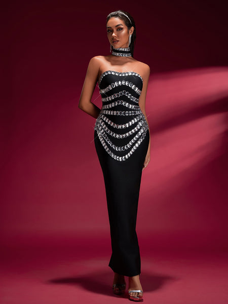 Elegant Crystal-embellished Bandage Gown With Collar - Opulent Empire