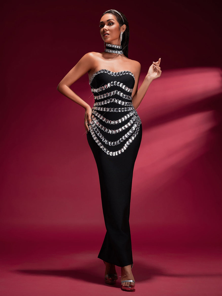 Elegant Crystal-embellished Bandage Gown With Collar - Opulent Empire