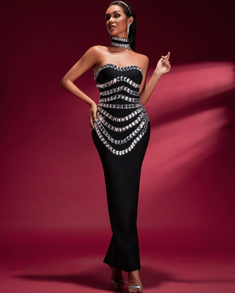 Elegant Crystal-embellished Bandage Gown With Collar