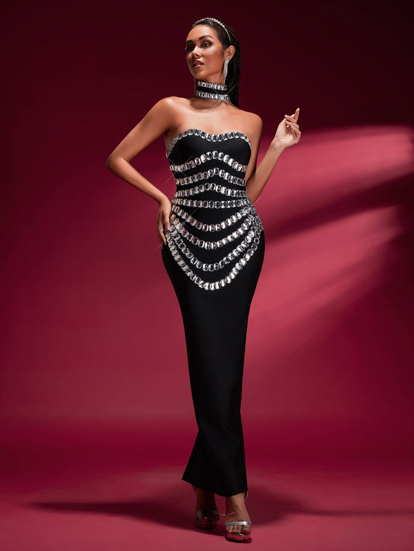 Elegant Crystal-embellished Bandage Gown With Collar