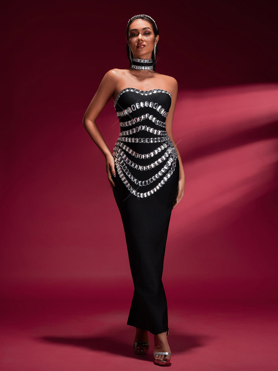 Elegant Crystal-embellished Bandage Gown With Collar - Opulent Empire
