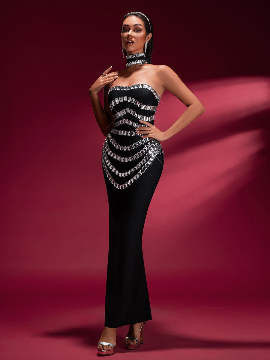 Elegant Crystal-embellished Bandage Gown With Collar - Opulent Empire